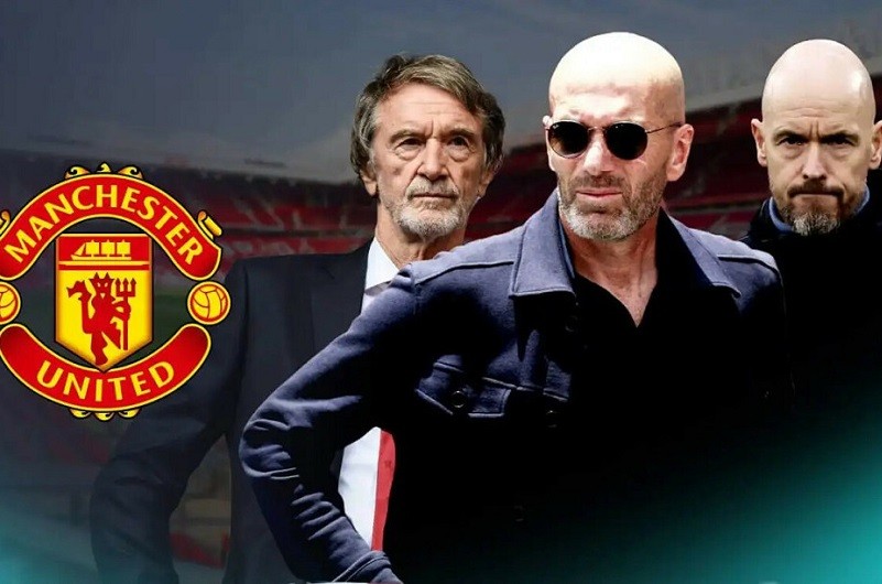 Zidane, Sir Jim Ratcliffe và logo Manchester United.
